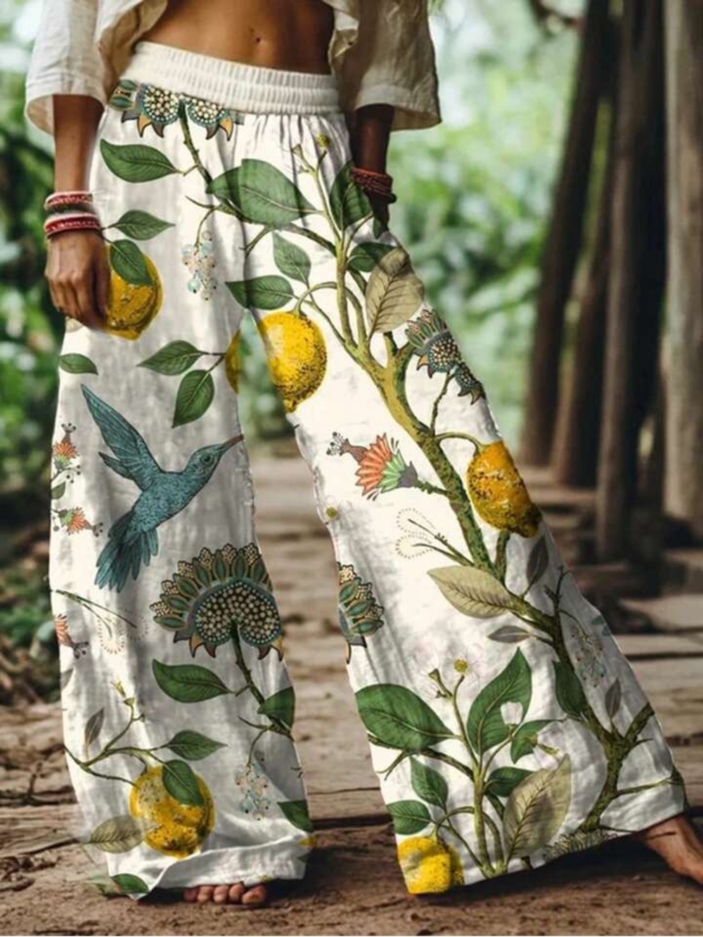 Boho Floral Hummingbird Wide-Leg Pants